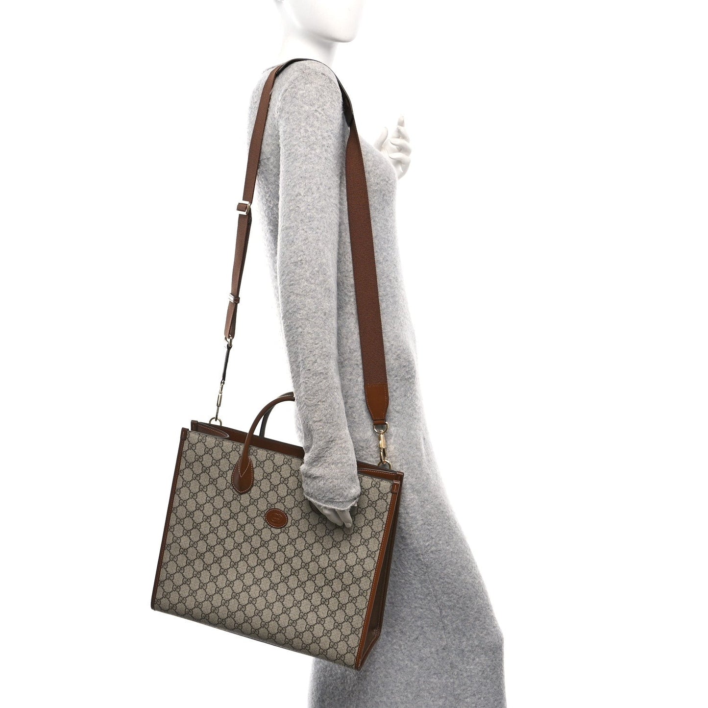 GG Supreme Monogram Azalea Calfskin Medium Retro Interlocking G Tote Bag Beige Ebony Brown Sugar