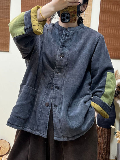 Vintage Casual Patchwork Single Breasted Thick Coat