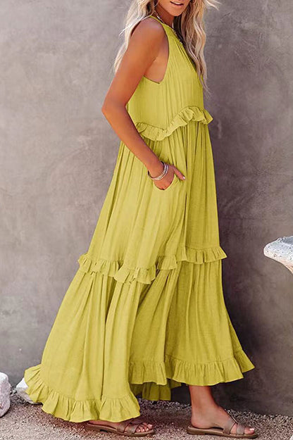 Blue Vittoria Shirred Ruffle Tiered Maxi Halter Dress