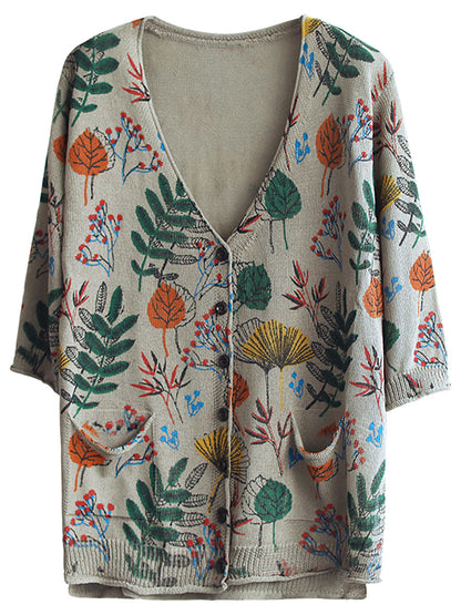 Plus Size - Leaf Printed Half Sleeve Women Knitted Shirt