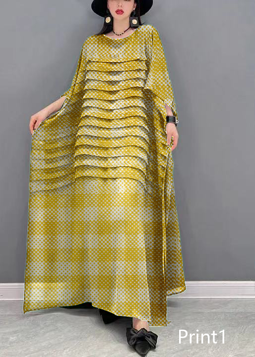 Grace Print1 O-Neck Striped Chiffon Ankle Dress Batwing Sleeve