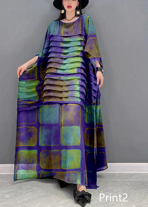 Grace Print2 O-Neck Striped Chiffon Ankle Dress Batwing Sleeve
