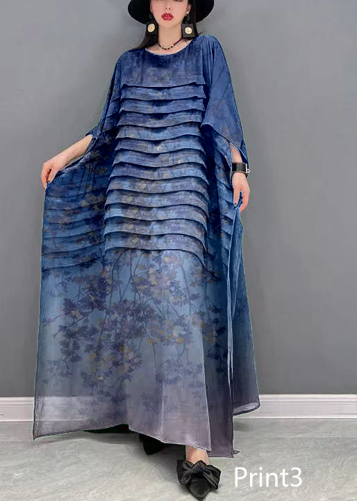Grace Print2 O-Neck Striped Chiffon Ankle Dress Batwing Sleeve