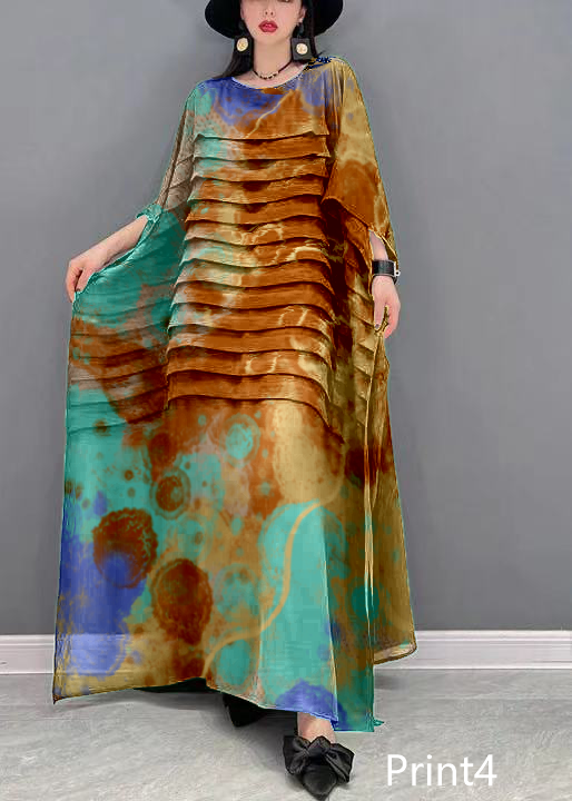 Grace Print3 O-Neck Striped Chiffon Ankle Dress Batwing Sleeve