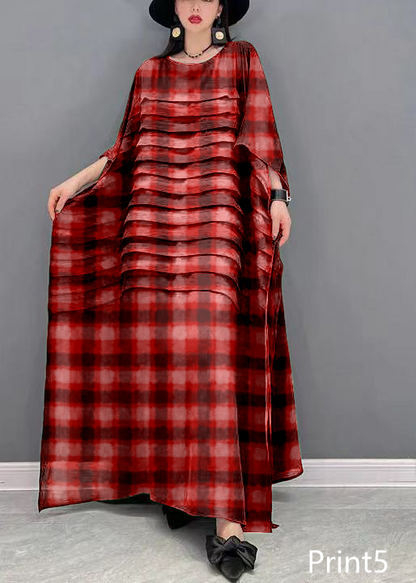 Grace Print2 O-Neck Striped Chiffon Ankle Dress Batwing Sleeve