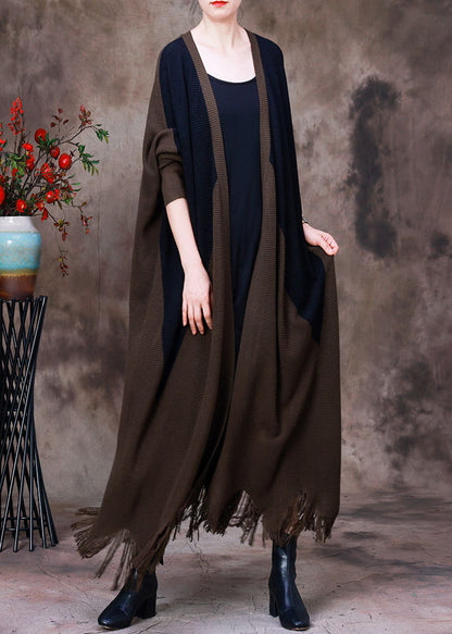 Fine Dark Coffee Patchwork Black V Neck Tassel Knit Wool Coat Long Sleeve