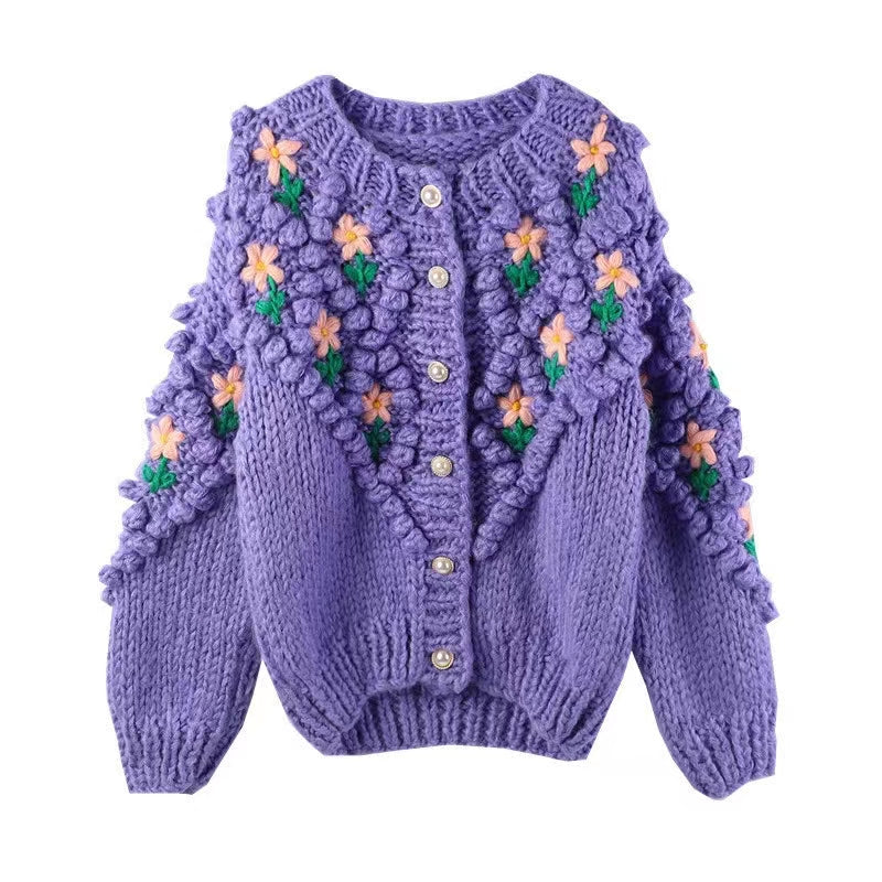 Floral Pearl Button Cardigan-Purple