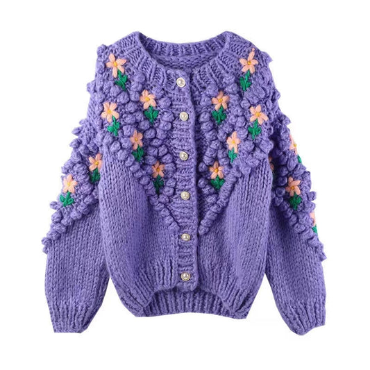 Floral Pearl Button Cardigan-Purple