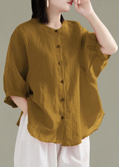 Art Print2 O-Neck Button Linen Loose Shirt Top Lantern Sleeve
