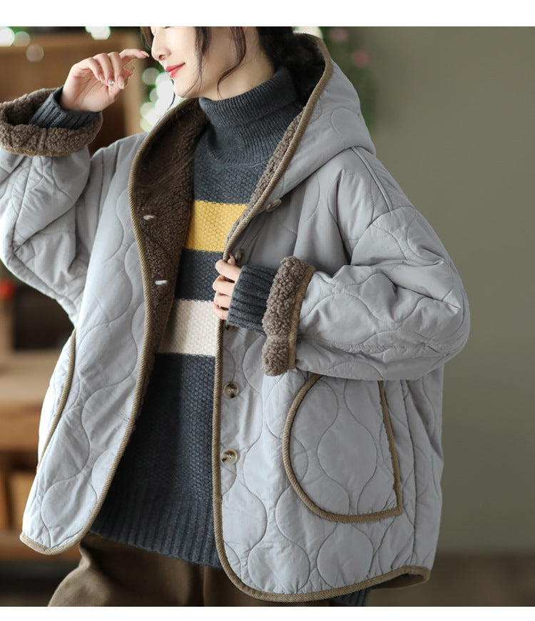 Hooded Thickened Diamond Sherpa Wool Thermal Jacket
