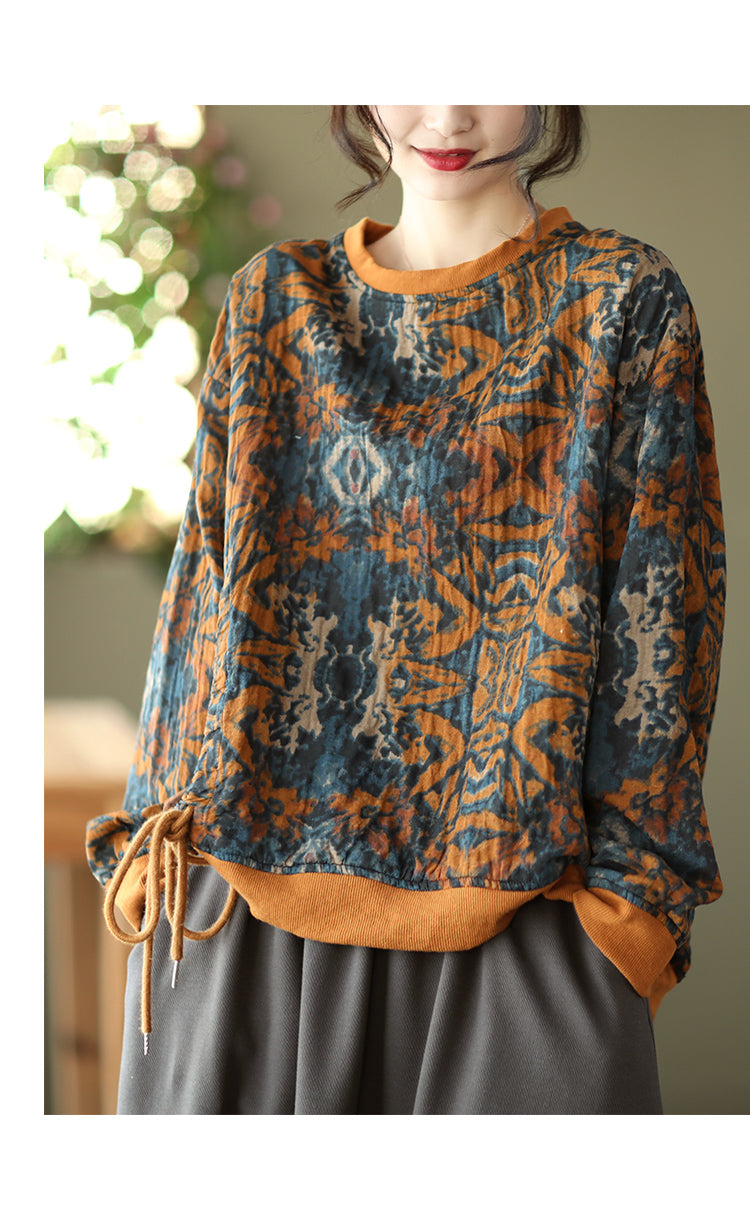 Large Size Slim Round Neck Printed Retro Casual Loose Sweater