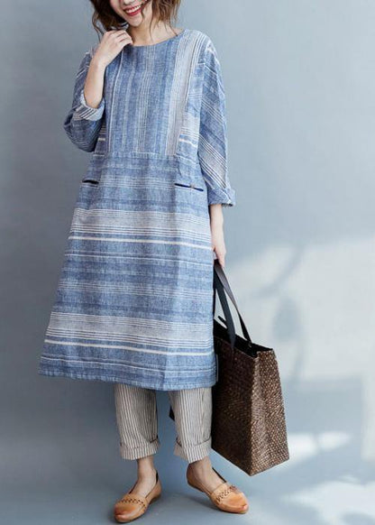 Modern Blue Striped Cotton Pockets Summer Maxi Dresses