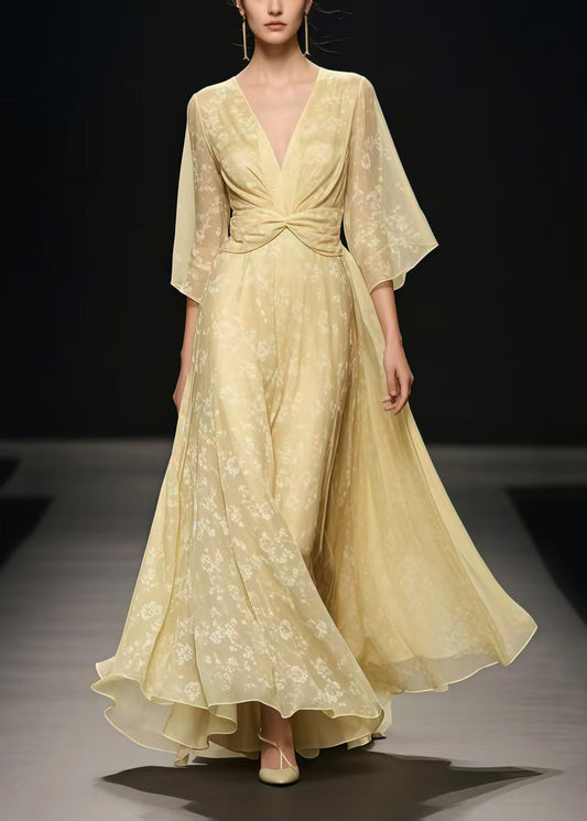 Fashion Light Yellow Cinched Exra Large Hem Chiffon Long Dress Summer
