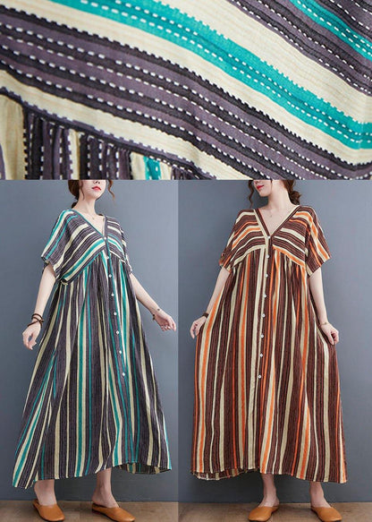 Fashion Orange Striped V Neck Patchwork Holiday Cotton Linen Dress