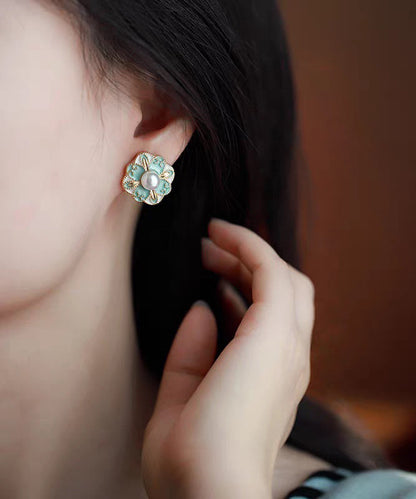 Vintage Blue Copper Pearl Floral Stud Earrings