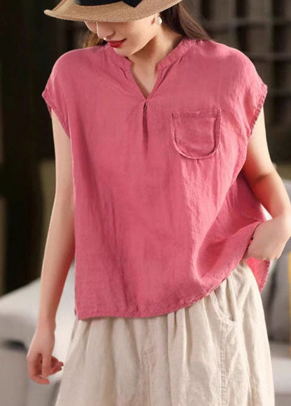 Elegant Rose V Neck Pocket Linen Tops Summer