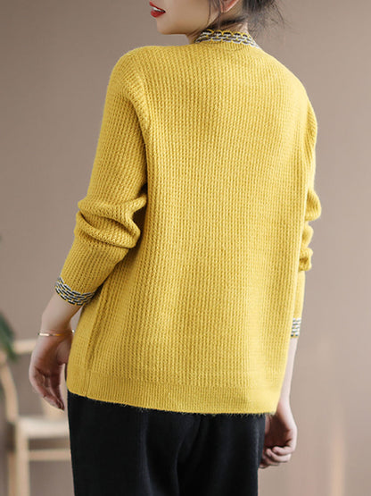 Women Vintage Winter Spliced Knitted Loose Sweater