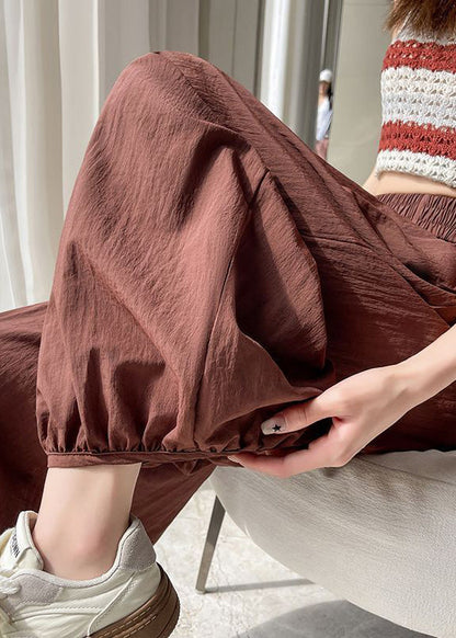 Brick Red Pockets Solid Cotton Summer Crop Pants Elastic Waist
