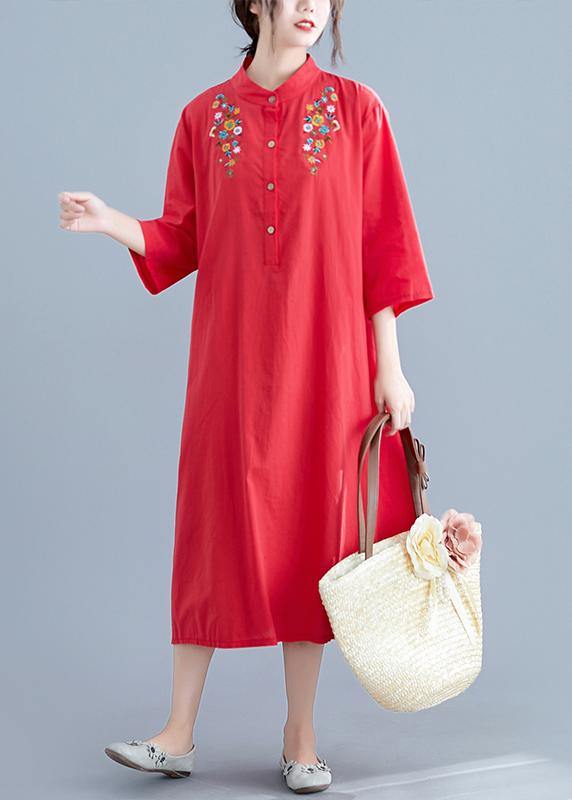 Elegant stand collar pockets cotton tunics for women Work Outfits red embroidery Maxi Dresses summer