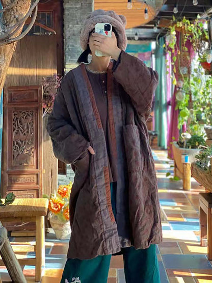 Women Linen Retro Print Pocket Long Sleeve Coat