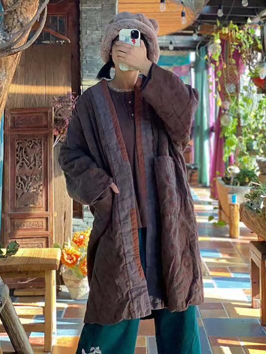 Women Linen Retro Print Pocket Long Sleeve Coat