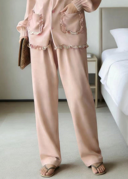 Cute Pink Ruffled Patchwork Pajamas Two Piece Set Long Sleeve