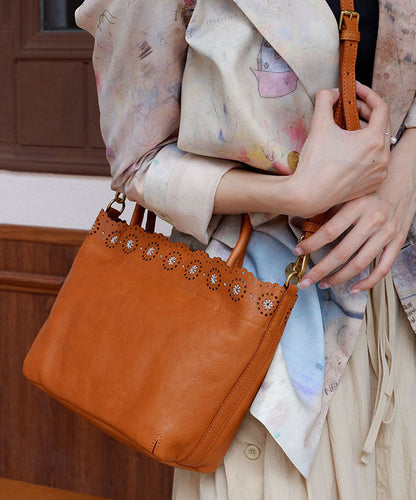Handmade Brown Embroidered Solid Durable Leather Tote Bag