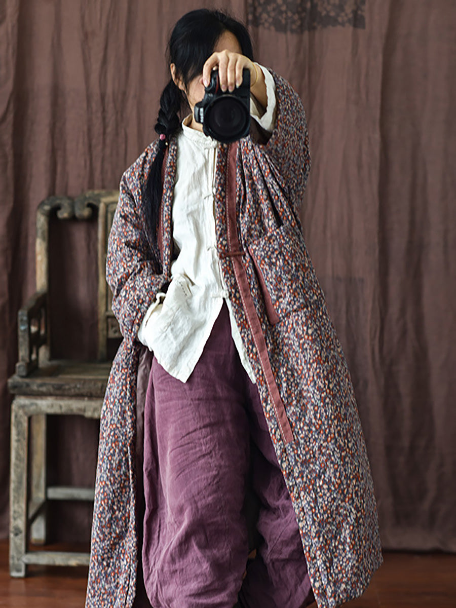 Women Vintage Winter Warm Floral Pocket Print Coat