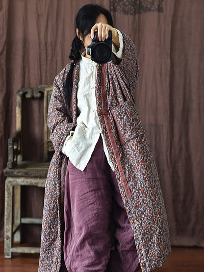 Women Vintage Winter Warm Floral Pocket Print Coat