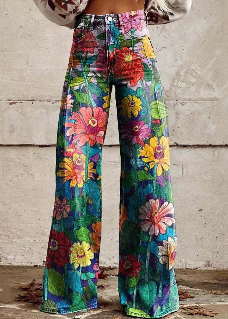 Chic Blue Print Pockets Denim Wide Leg Pants Spring