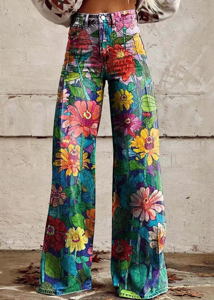 Chic Blue Print Pockets Denim Wide Leg Pants Spring