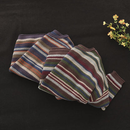 Colorful Red Striped Cotton Knitted Sweater