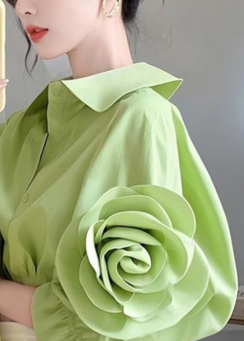 Floral Green Peter Pan Collar Button Cotton Blouses Half sleeve