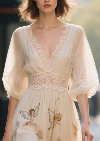 Bohemian Apricot Print Lace Patchwork Chiffon Dress Summer