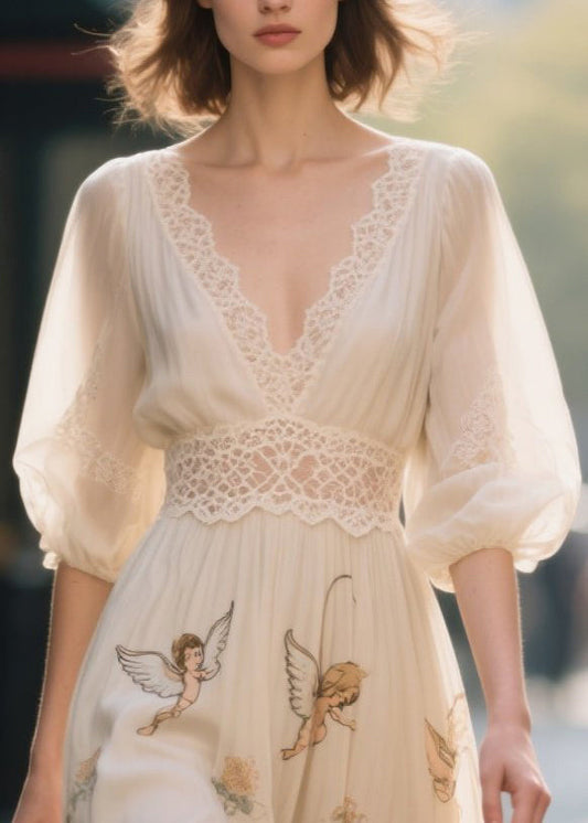 Bohemian Apricot Print Lace Patchwork Chiffon Dress Summer