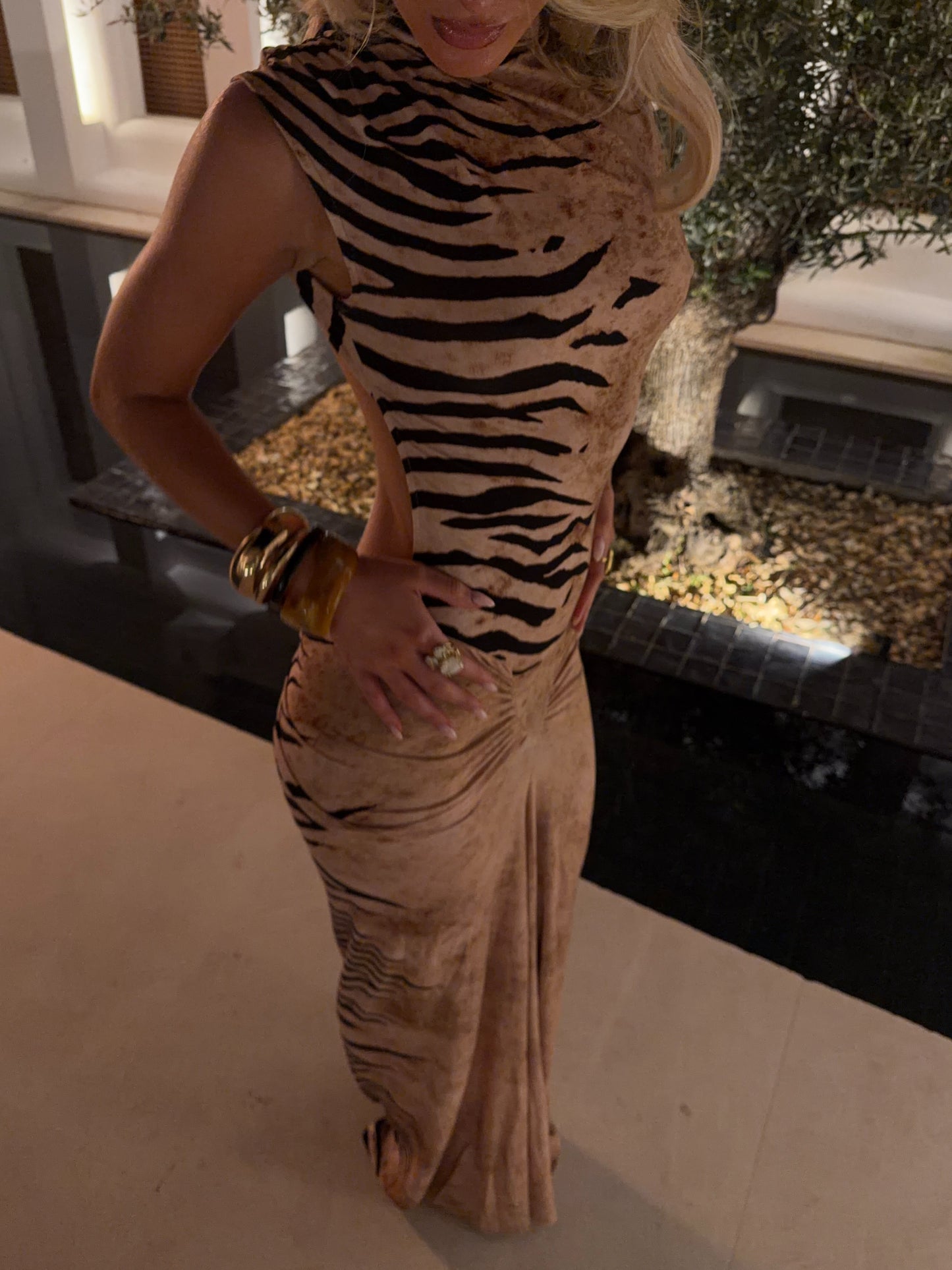 Asymmetric Turtleneck Zebra Print Open-Back Bodycon Maxi Dress