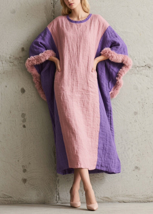 Art Colorblock Oversized Patchwork Faux Fur Maxi Dresses Batwing Sleeve