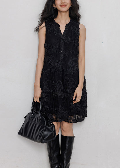 Elegant Black Button Hollow Out Lace Mid Dresses Sleeveless