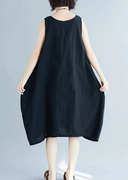 Chic black o neck linen quilting dresses sleeveless Plus Size Clothing summer Dress