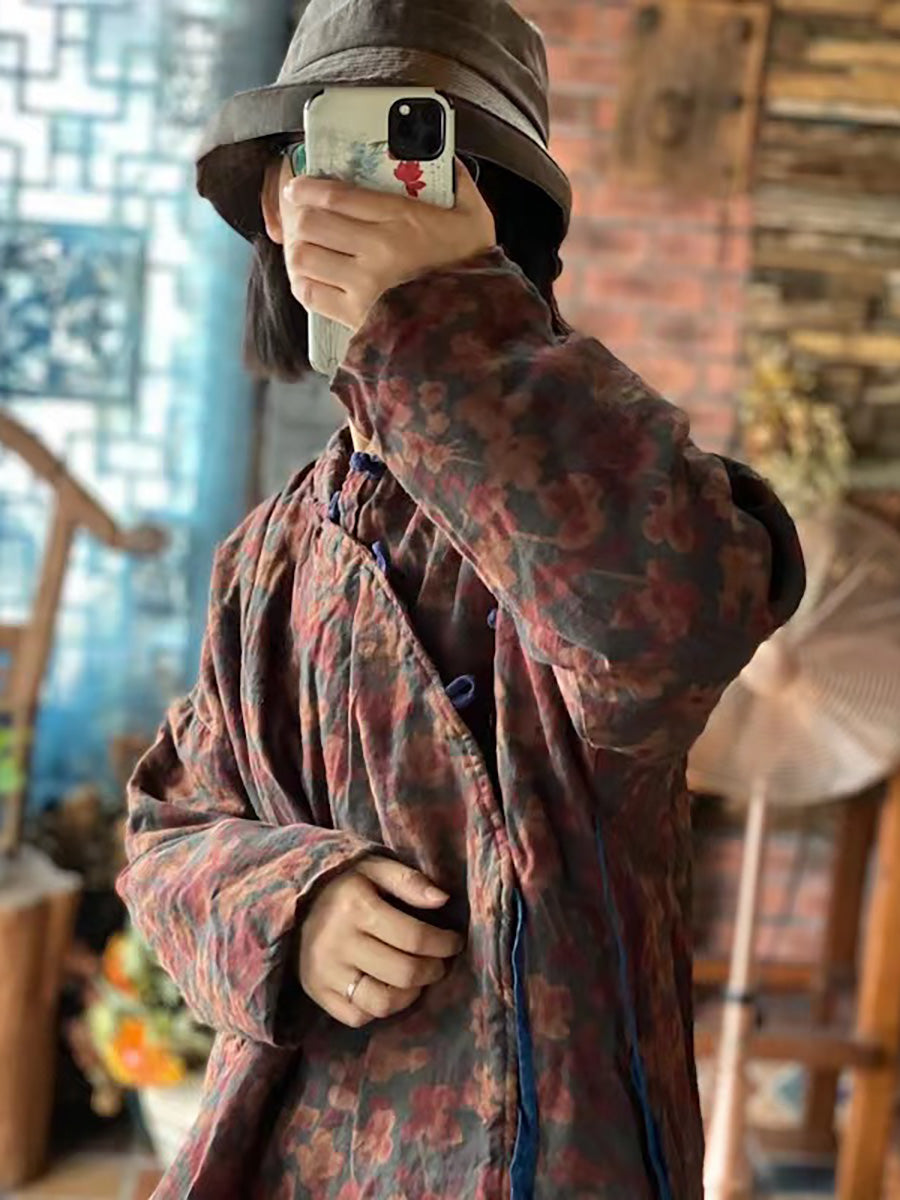Women Stand Collar Print Pure Linen Vintage Loose Padded Coat