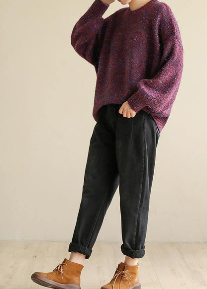 Oversized purple knit tops wild fall fashion o neck knitwear