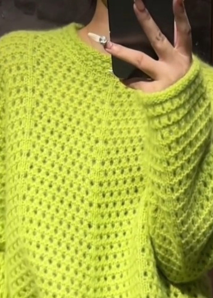 Vogue Green O-Neck Hollow Out Cotton Knit Sweater Fall