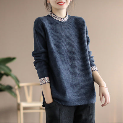 Women Vintage Winter Spliced Knitted Loose Sweater