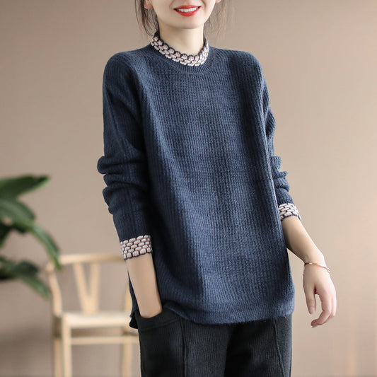 Women Vintage Winter Spliced Knitted Loose Sweater