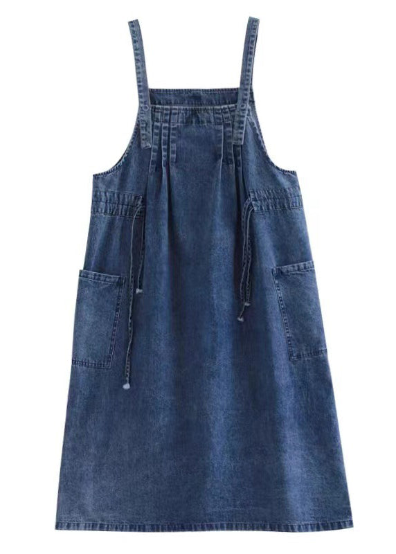 Plus Size Blue drawstring pocket Spaghetti Strap Cotton denim Dress