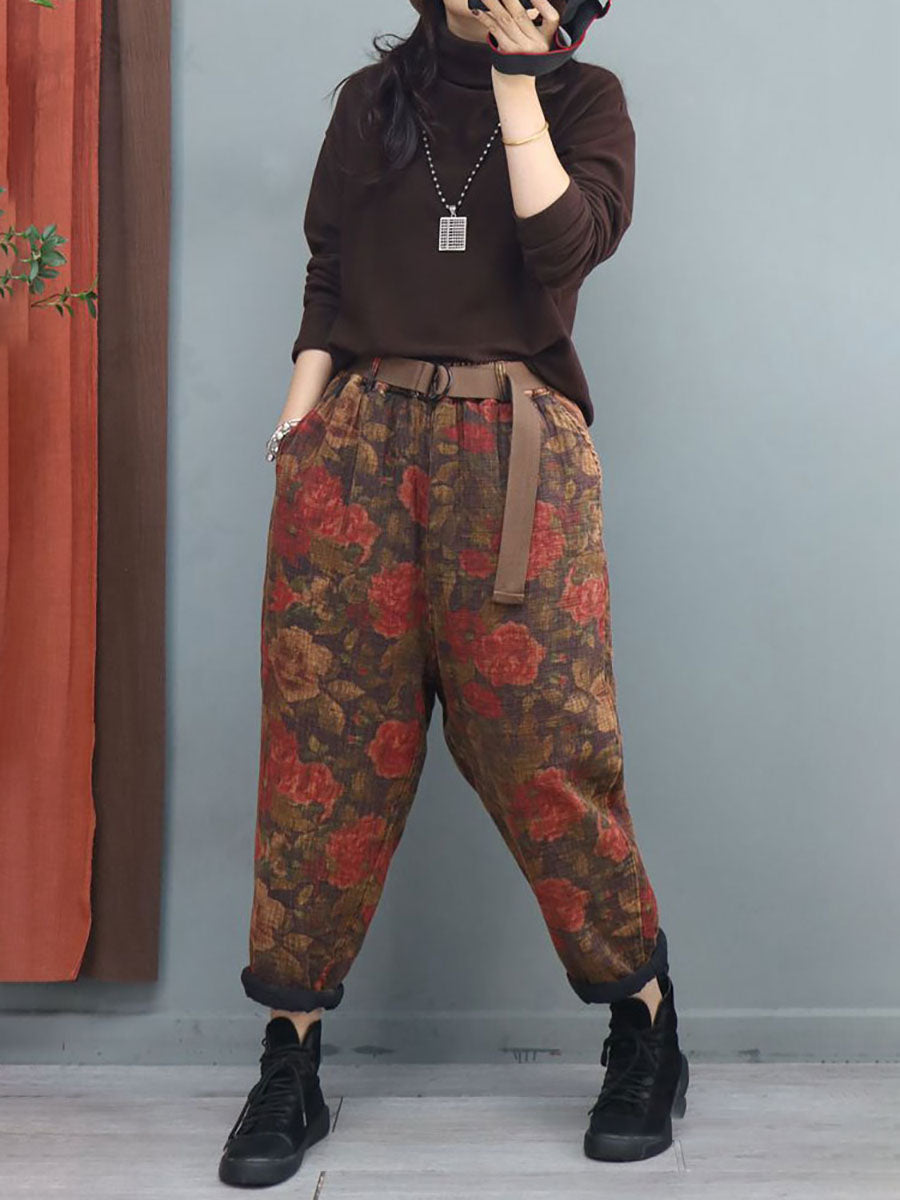 Vintage Flower Print Elastic Waist Harem Pants With Belt