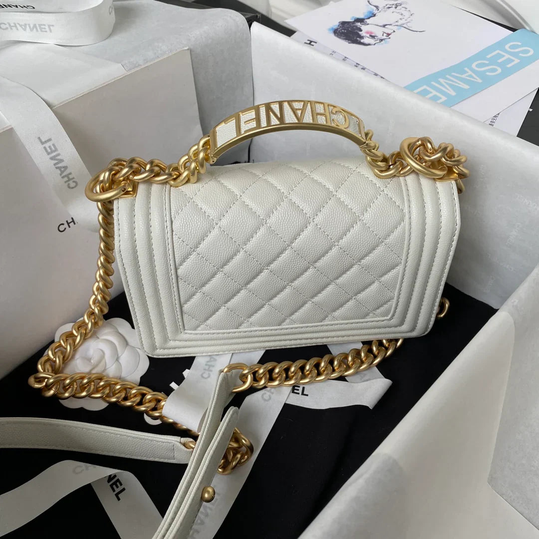 CC Boy Flap Bag with Handle Grained Shiny Calfskin & Gold-Tone Metal White 20 x 12 x 7cm