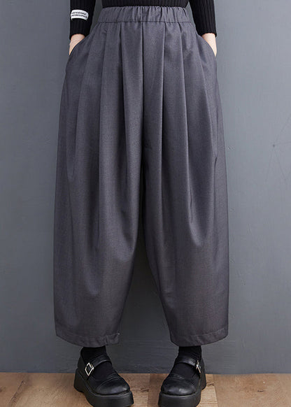 Casual Grey Pockets Elastic Waist Cotton Crop Pants Spring