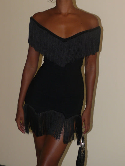 Off-Shoulder Double Fringe Bodycon Dress | Western Retro Sexy Mini Dress