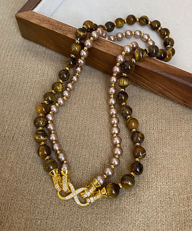 New Copper Tiger's-Eye Pearl Double-Layer Gratuated Bead Necklace